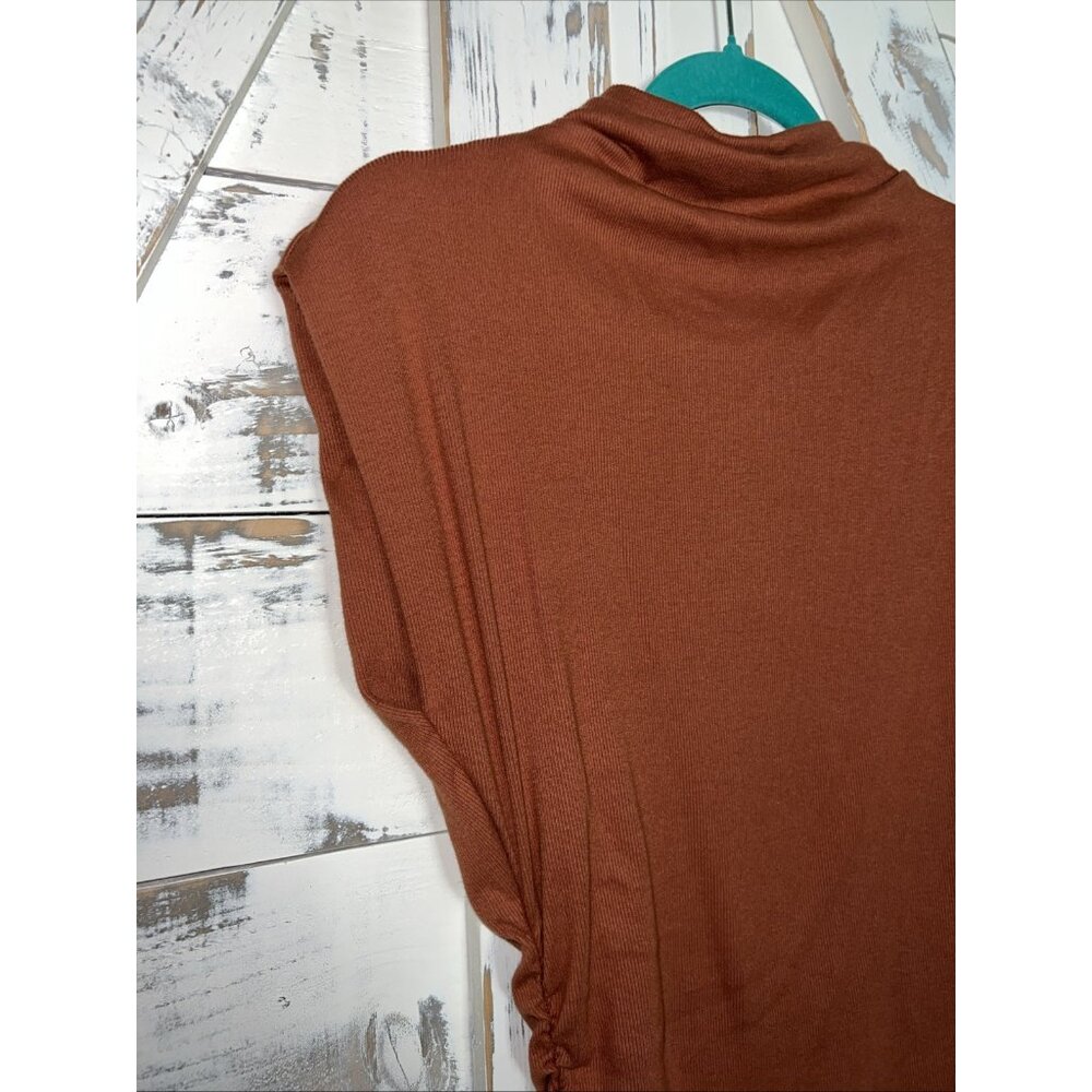 Michael Stars Gia Rib Knit Mock Neck Ruched Mid Legnth Dress M Cap Sleeve Rust - Picture 4 of 11